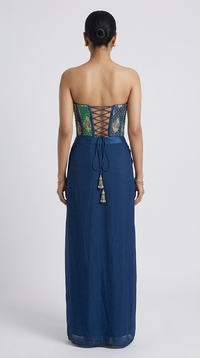 Green embellished corset and pleated skirt ethnic fusion set for festive celebrations, wedding reception and engagement parties