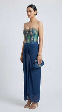Green mirror work corset top with pleated skirt set, ethnic fusion outfit for engagement, reception and festive occasions