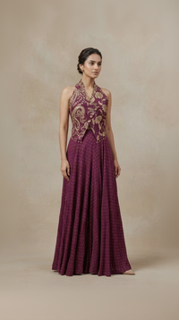 Purple brocade silk sharara set with modern blouse, sequin cutdana stone work for wedding and sangeet