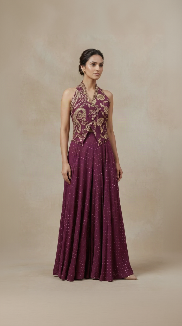 Purple brocade silk sharara set with modern blouse, sequin cutdana stone work for wedding and sangeet