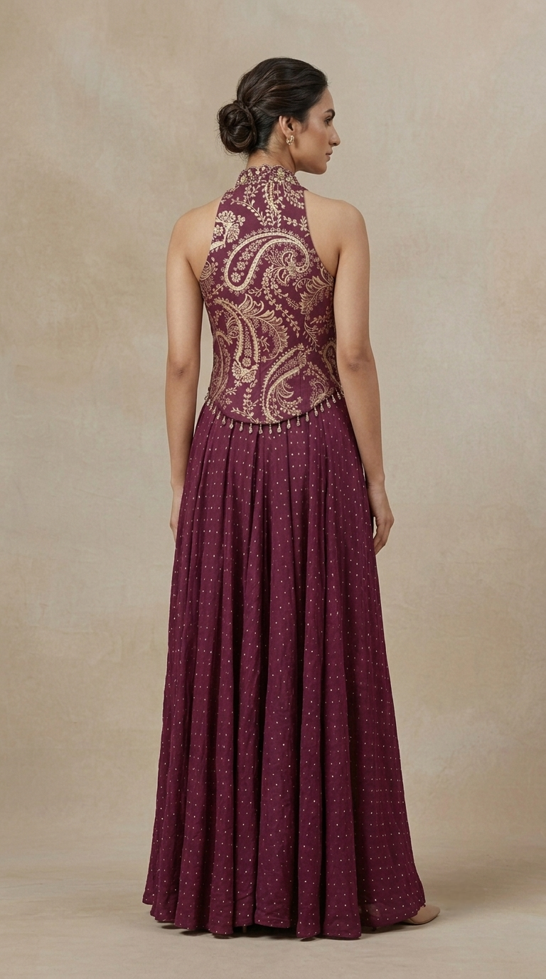 Purple brocade sharara suit with modern blouse and dupatta, elegant festive wear for wedding, mehndi and reception