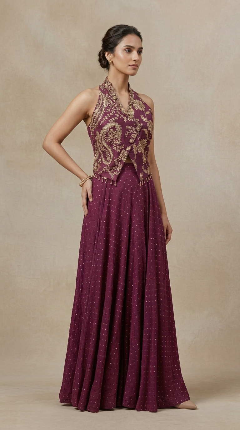 Purple silk sharara set with modern blouse and dupatta, festive Indian ethnic wear for reception and party