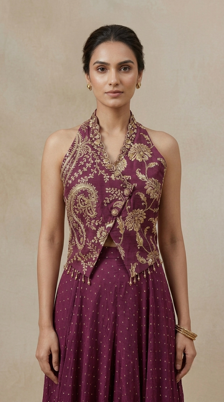 Designer purple brocade silk sharara outfit with embellished blouse, wedding guest and sangeet wear