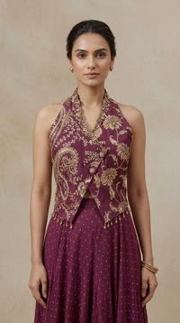 Designer purple brocade silk sharara outfit with embellished blouse, wedding guest and sangeet wear