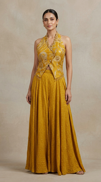 Mustard silk sharara set with sequin cutdana stone work, elegant mehendi and wedding party wear