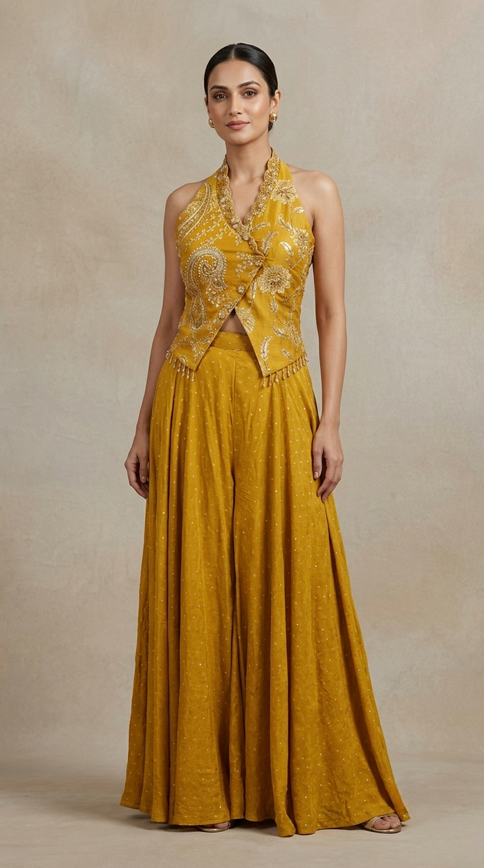 Mustard silk sharara set with sequin cutdana stone work, elegant mehendi and wedding party wear
