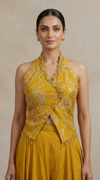 Mustard brocade sharara with modern blouse and dupatta, festive ethnic outfit for sangeet and reception