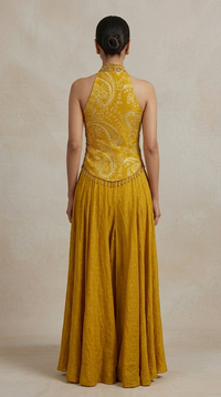 Mustard brocade silk sharara suit for women, designer festive wear for wedding, mehendi and party occasions