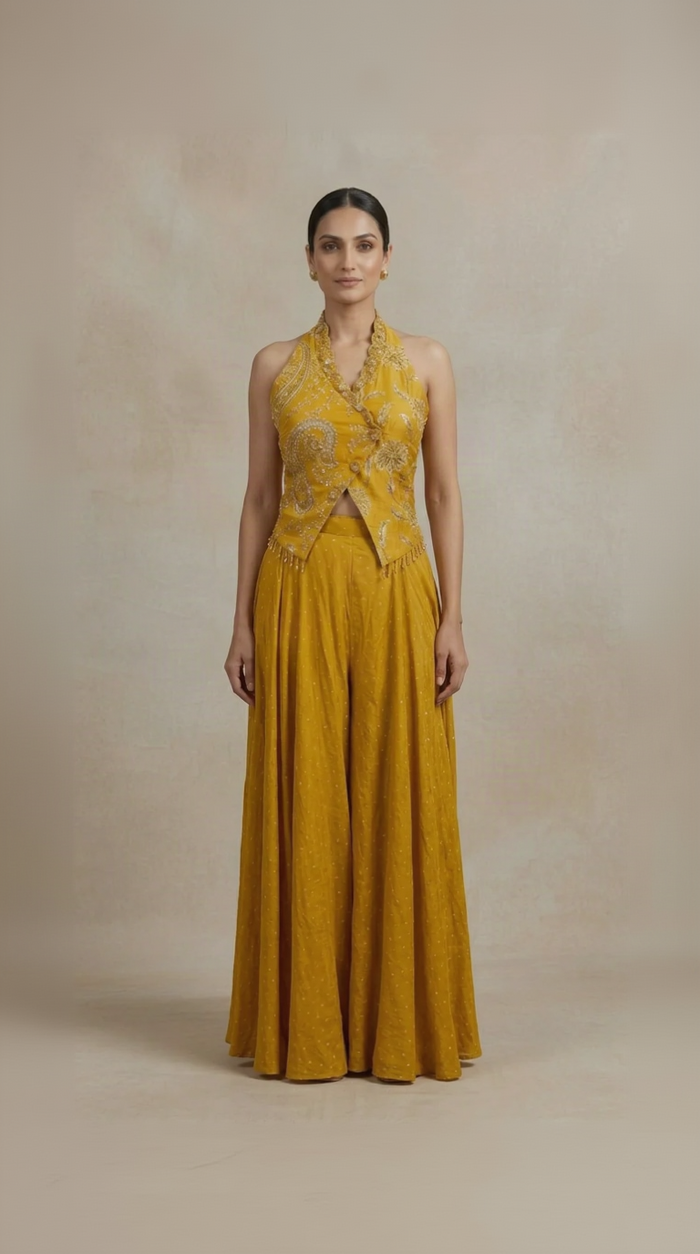 Mustard brocade silk sharara set with modern blouse, festive wedding and sangeet outfit for women