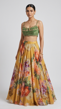 Yellow embroidered lehenga choli with pearl, bead and cutdana embellishments for wedding and sangeet