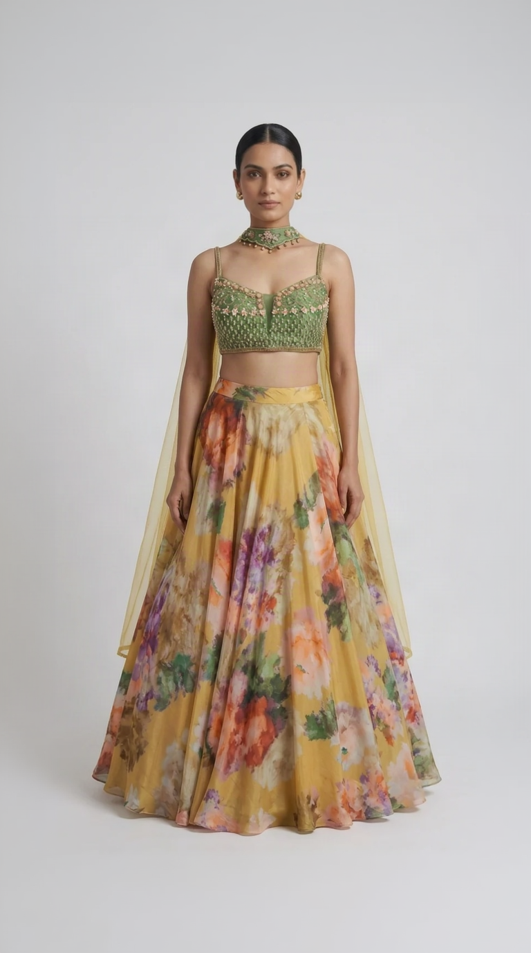 Yellow crepe pearl embroidered lehenga choli with gems and cutdana work for haldi and mehndi