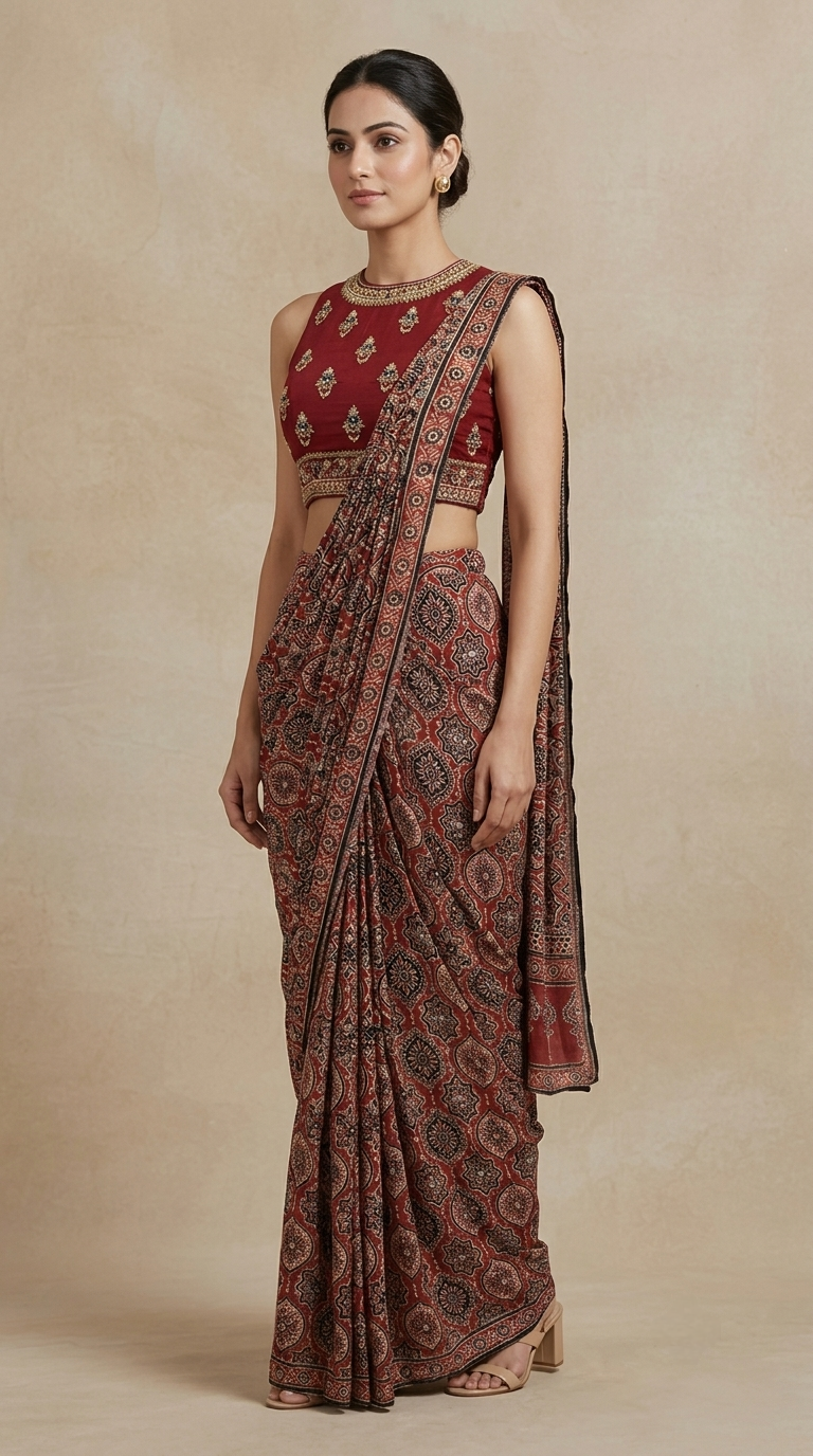 Maroon pre-draped saree with embellished blouse, bead and sequin work for reception and festive wear