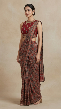 Maroon pre-draped saree with embellished blouse, bead and sequin work for reception and festive wear