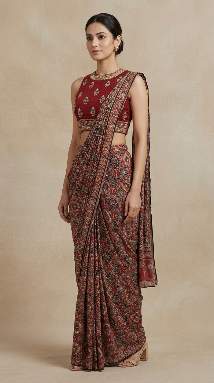 Maroon pre-draped saree with embellished blouse, bead and sequin work for reception and festive wear