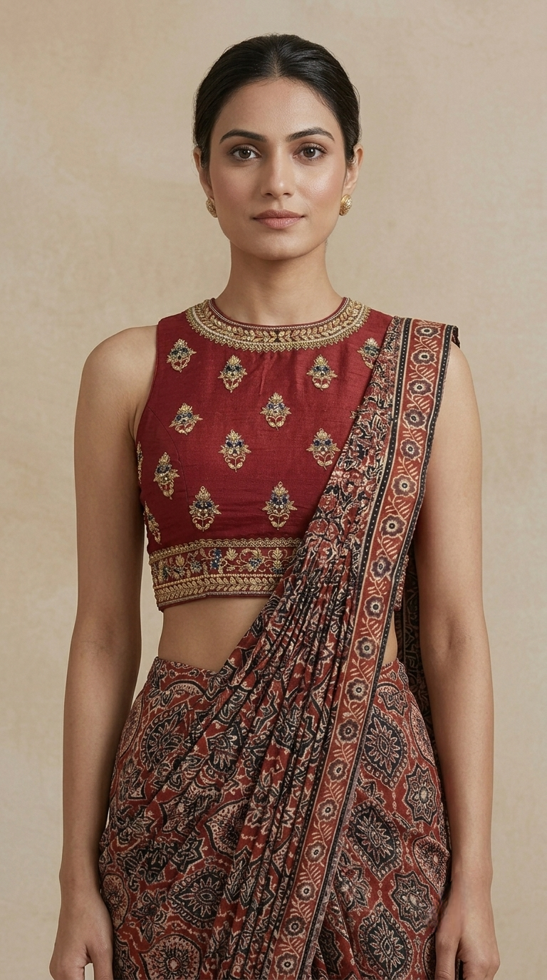 Designer maroon Ajrakh print saree with thread embroidery and embellished blouse for wedding guest and party wear