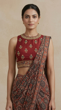 Designer maroon Ajrakh print saree with thread embroidery and embellished blouse for wedding guest and party wear