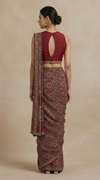 Maroon ready-to-wear saree with cutdana, bead and sequin embellishments for sangeet, festive and reception occasions