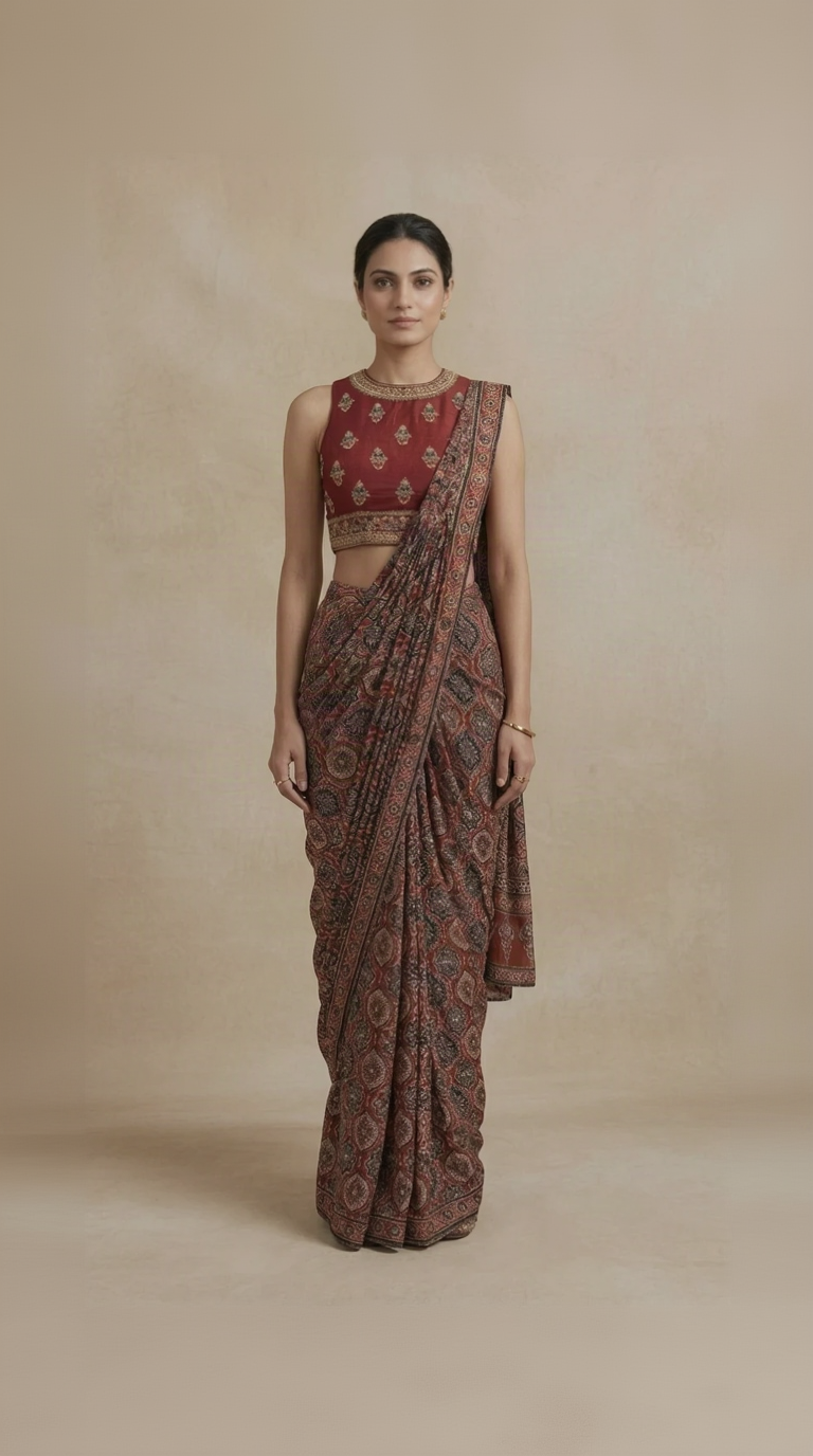 Maroon Ajrakh print ready-to-wear saree with cutdana and sequin work for wedding and sangeet