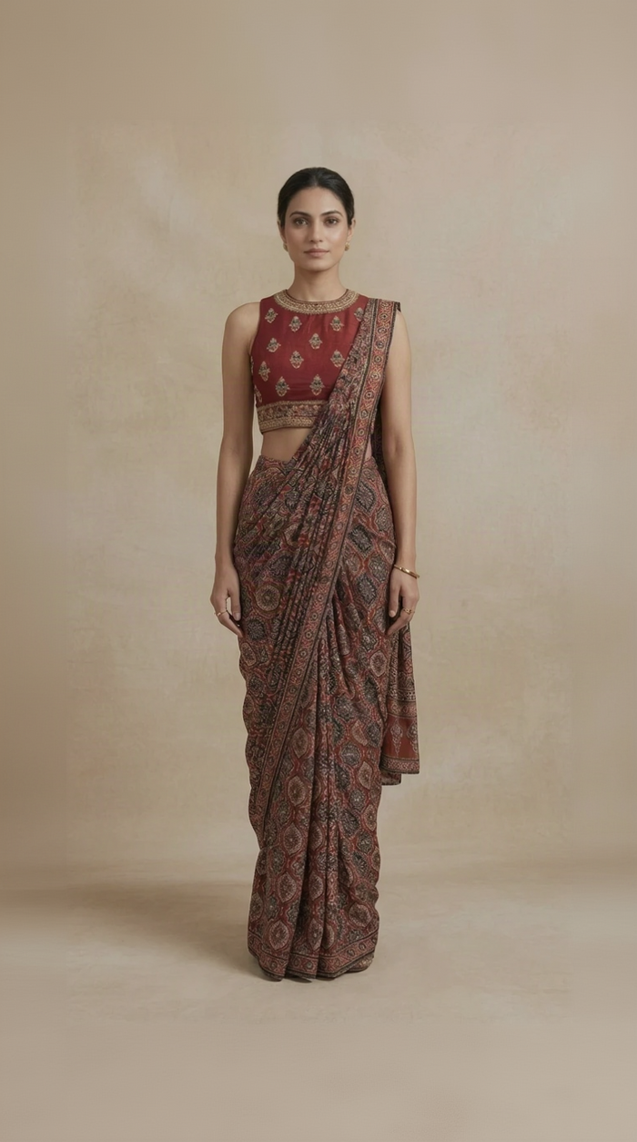 Maroon Ajrakh print ready-to-wear saree with cutdana and sequin work for wedding and sangeet