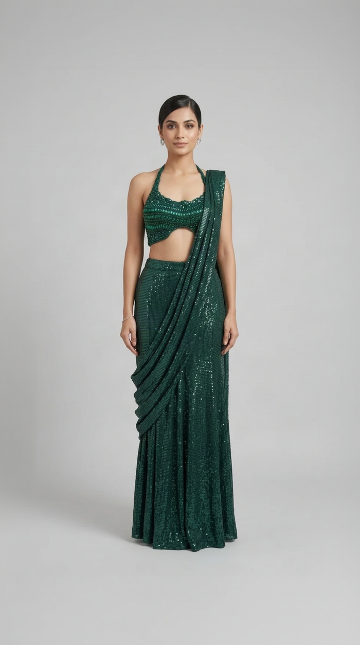 Green pre-draped halter neck saree with gems and sequin embellishments for wedding and sangeet