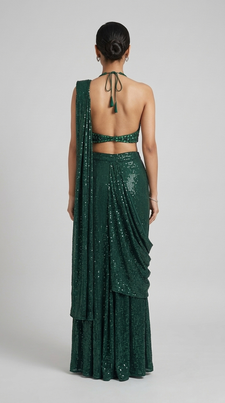 Green embellished pre-draped saree with halter neck blouse for sangeet, reception, party and festive wear