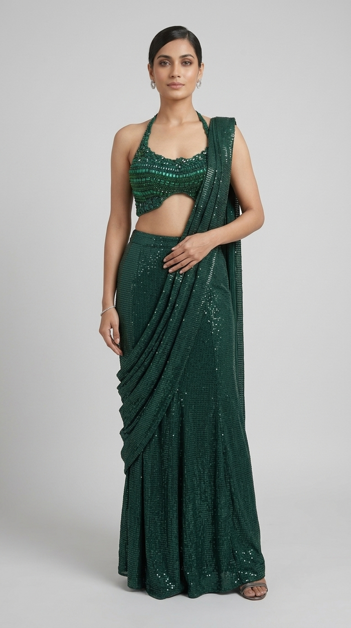 Green pre-drape saree with cutdana, pearl and gem work for reception and cocktail party wear