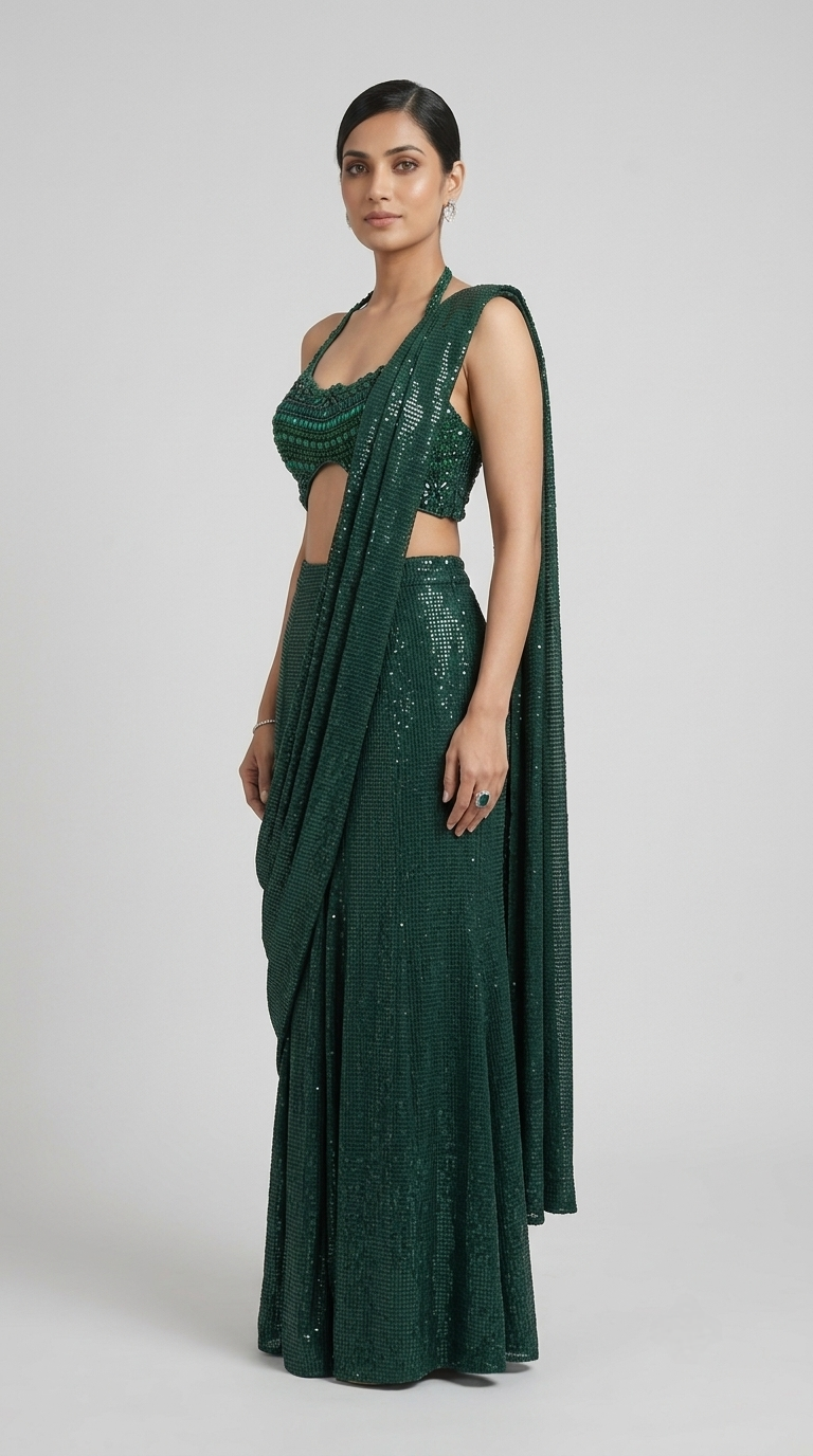 Green gems and cutdana saree with modern halter neck blouse for wedding, engagement and festive wear