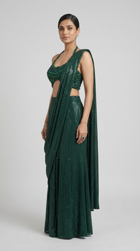 Green gems and cutdana saree with modern halter neck blouse for wedding, engagement and festive wear