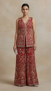 Red georgette sharara suit with thread embroidery and mirror work for mehndi and festive occasions