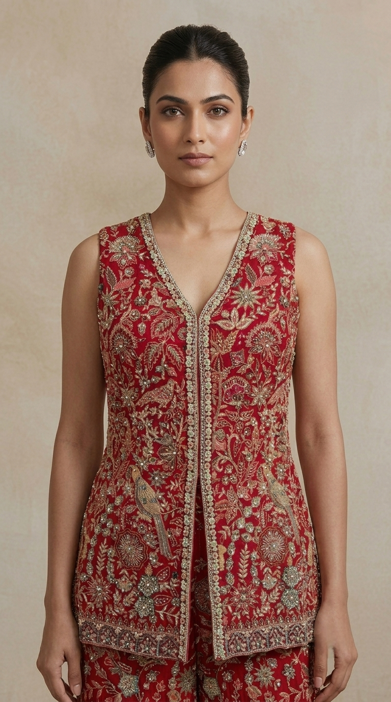 Red embroidered sharara set with choker dupatta for wedding reception, sangeet and party wear