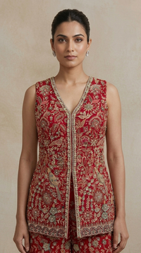 Red embroidered sharara set with choker dupatta for wedding reception, sangeet and party wear