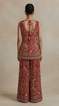 Designer red sharara suit with embellished top, mirror and cutdana work for wedding guest and festive wear