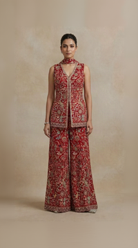 Red thread embroidered sharara suit with mirror, cutdana and sequin work for wedding and sangeet