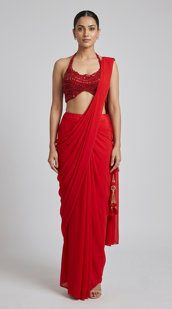 Red crepe pre-draped saree with cutdana, pearls and gem work for reception and party wear