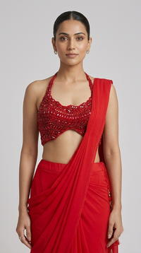 Designer red halter neck pre-draped saree with embellished blouse for wedding guest and festive wear