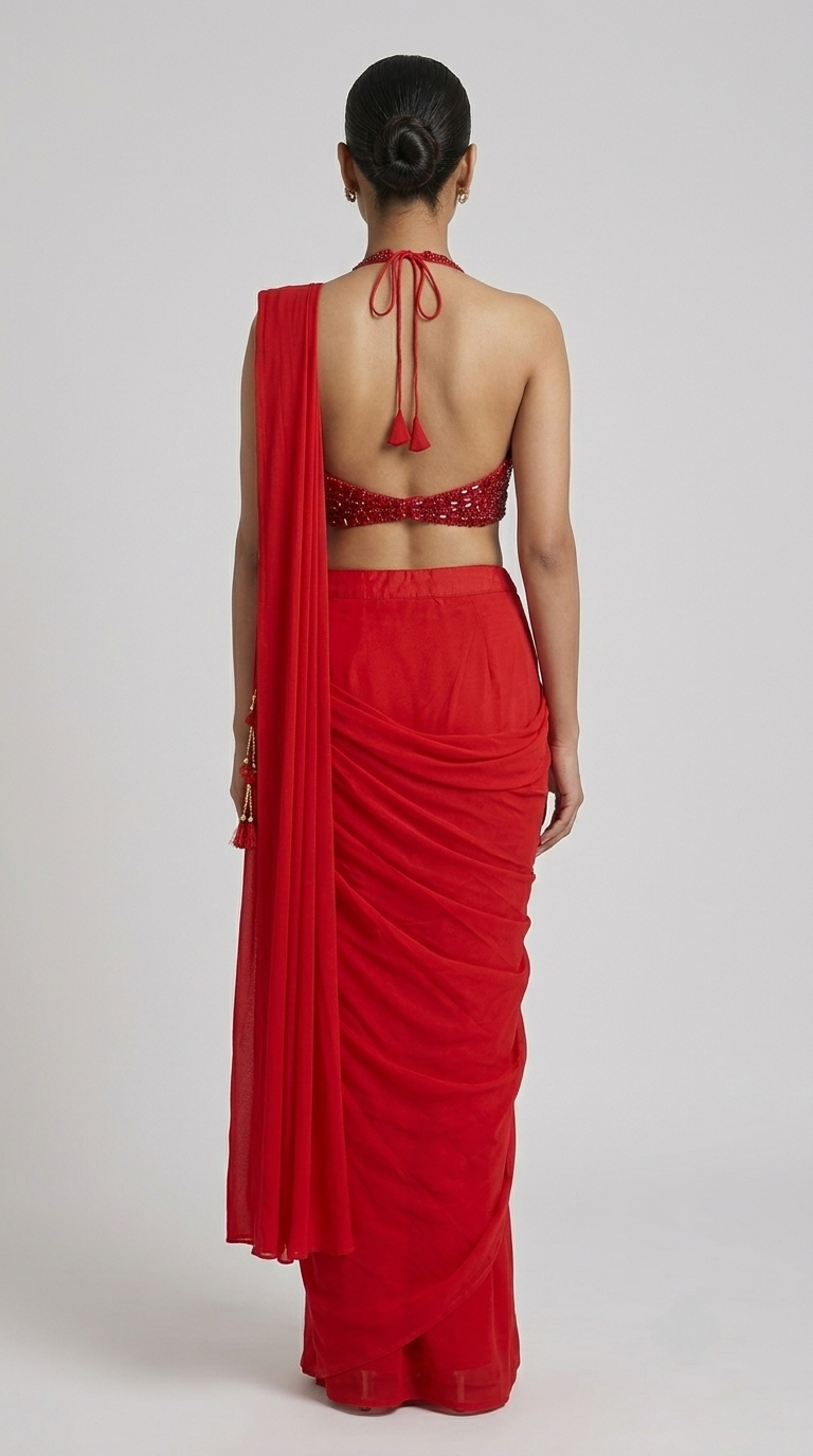 Red embellished halter neck saree with gem and pearl work for wedding, reception, party and festive occasions