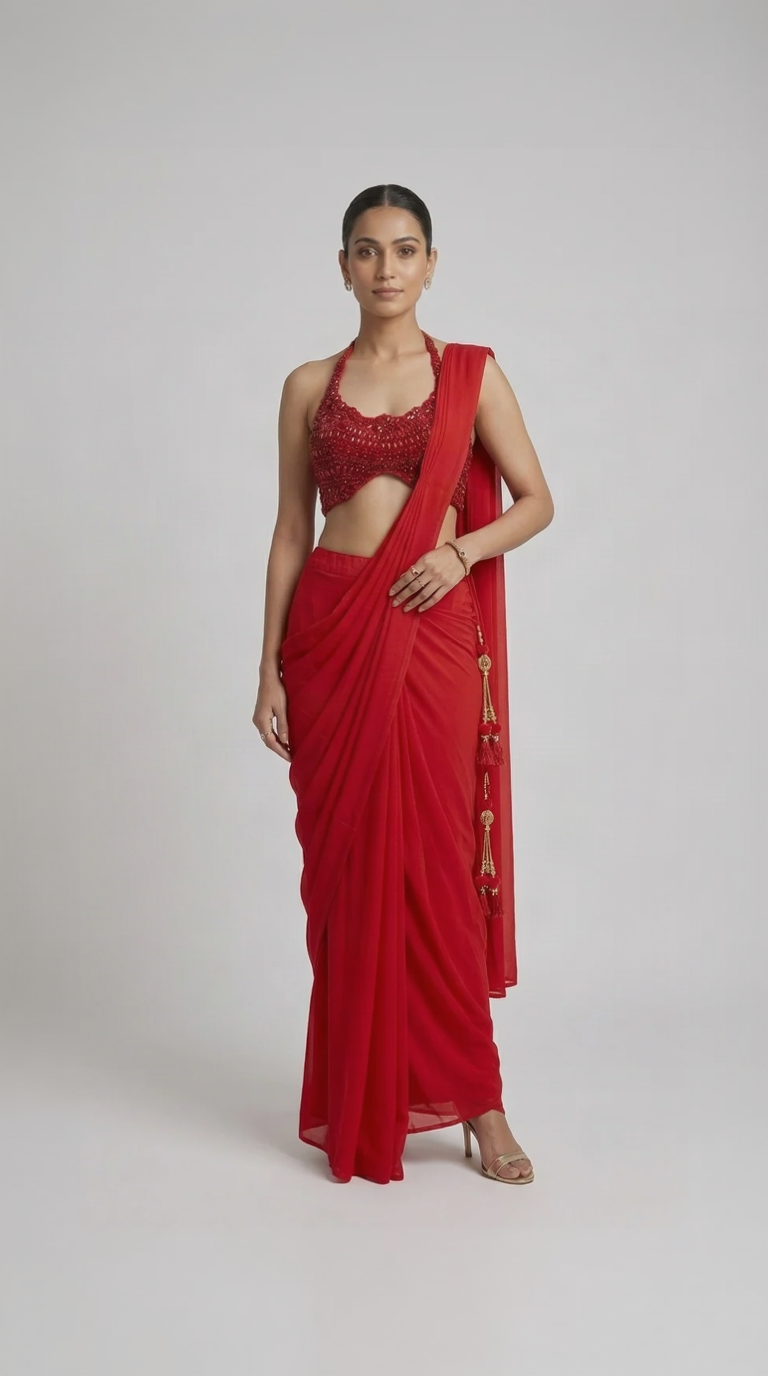 Red pre-draped halter neck saree with gems and sequin embellishment for wedding and sangeet