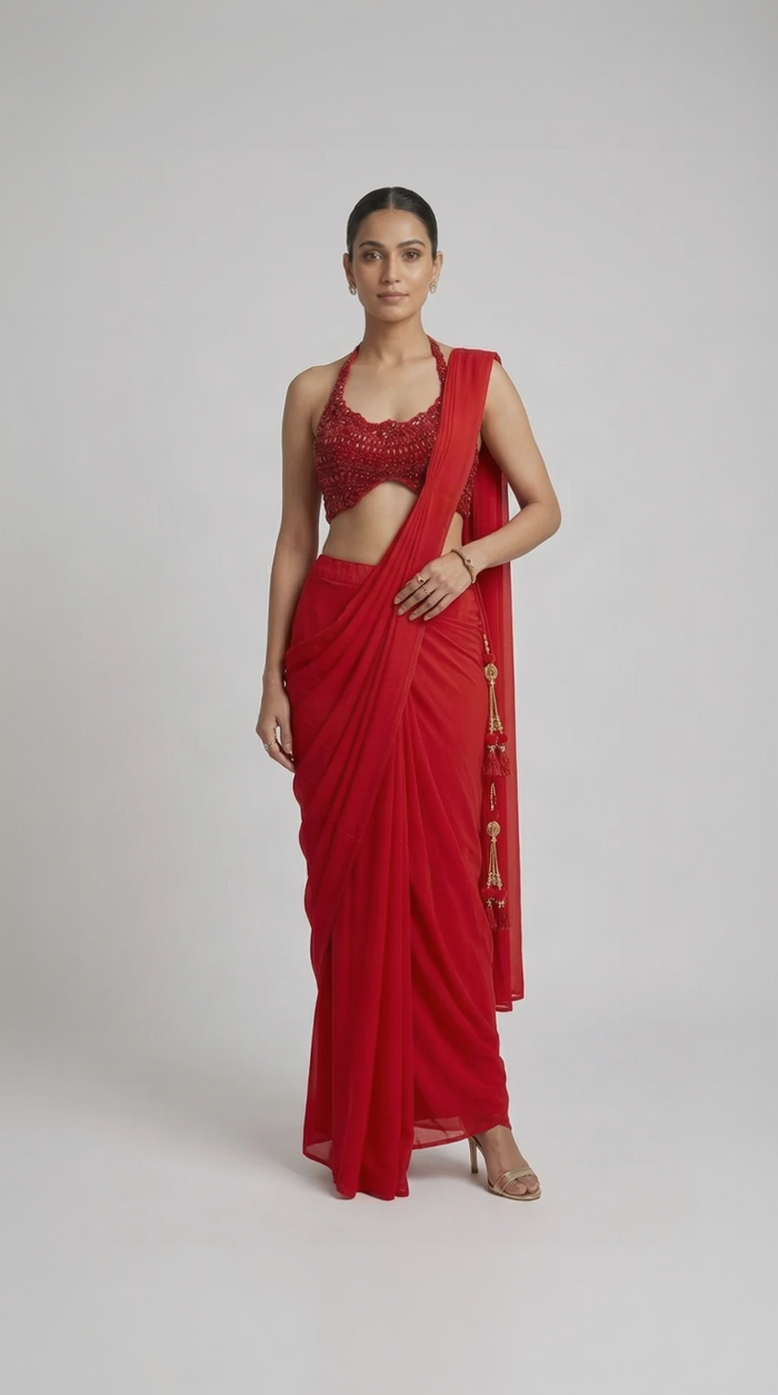 Red pre-draped halter neck saree with gems and sequin embellishment for wedding and sangeet
