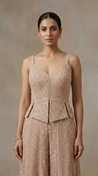 Designer pink embroidered palazzo suit with choker dupatta for wedding reception and party wear
