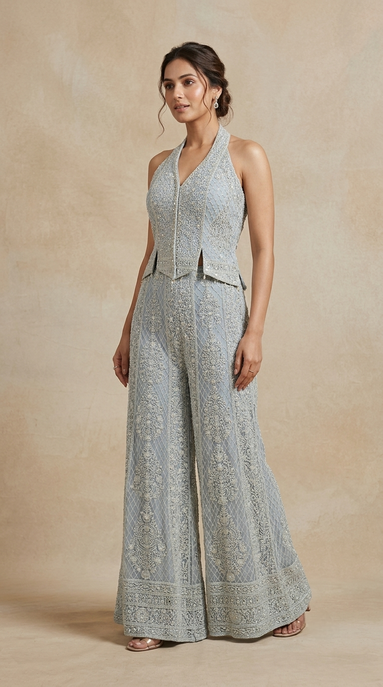 Designer blue embroidered palazzo suit with embellished top for wedding reception and party wear
