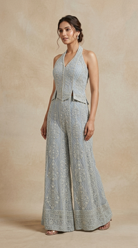 Designer blue embroidered palazzo suit with embellished top for wedding reception and party wear