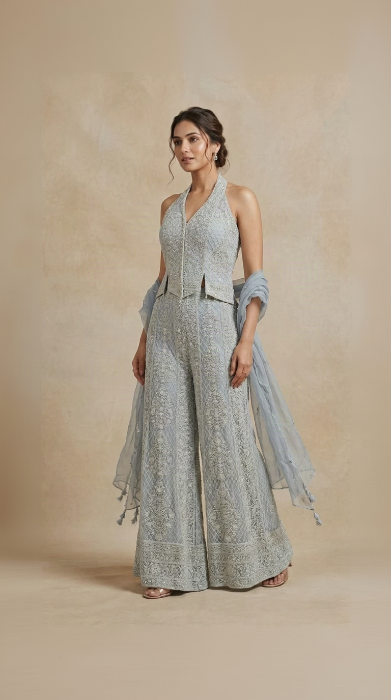 Blue Lucknowi thread embroidered palazzo set with mirror work for wedding and sangeet wear