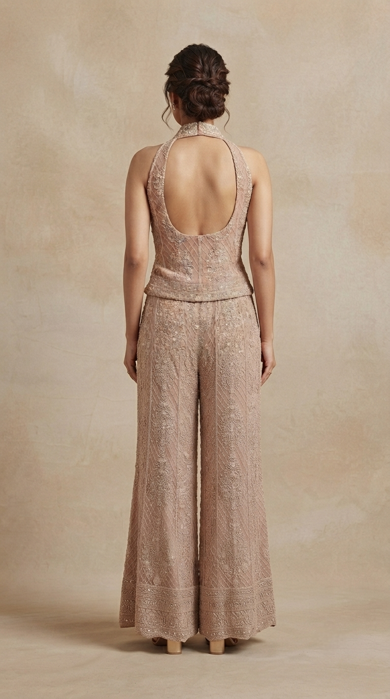 Pink thread work palazzo set with mirror and sequin embroidery for sangeet, wedding guest and festive wear