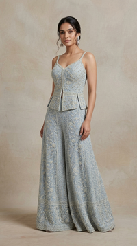 Blue georgette palazzo set with cutdana, mirror and thread embroidery for mehndi and festive wear