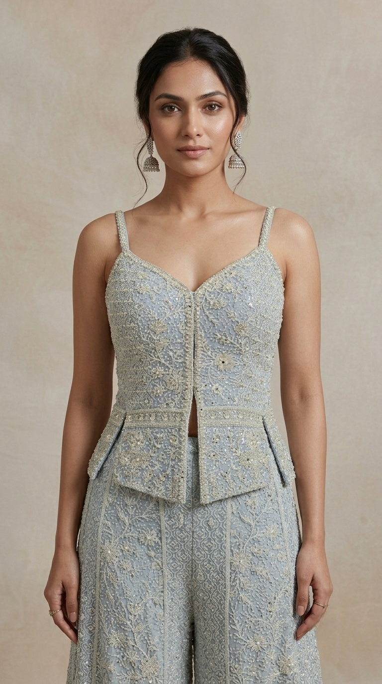 Blue embroidered palazzo suit with mirror, cutdana and sequin work for party and festive occasions
