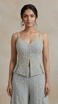 Blue embroidered palazzo suit with mirror, cutdana and sequin work for party and festive occasions