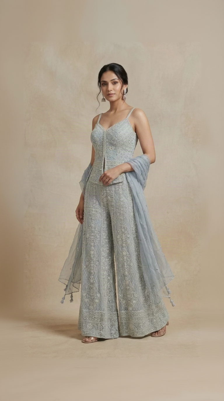 Blue Lucknowi thread embroidered palazzo set with mirror and sequin work for wedding and sangeet