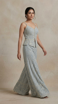 Designer blue Lucknowi palazzo outfit with embellished top and choker dupatta for wedding reception