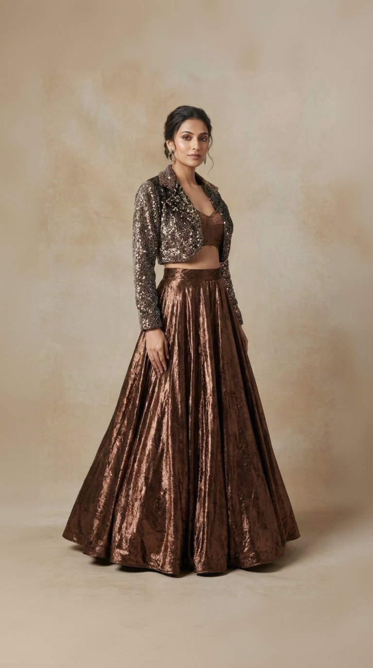 Brown sequin embellished blazer lehenga choli set for wedding and sangeet wear