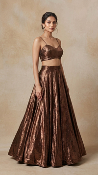 Brown sequins lehenga set with modern blazer blouse for cocktail party and engagement wear